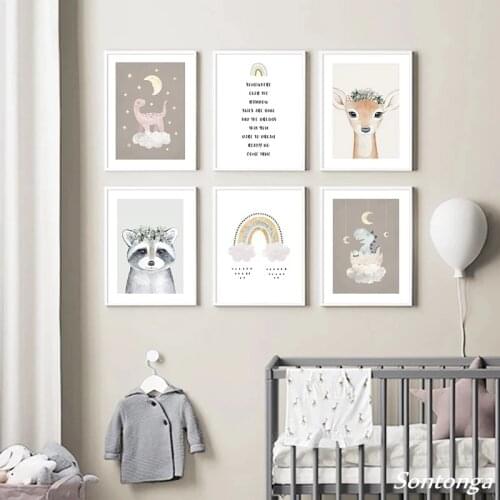 Baby Animal Canvas Painting Deer Bear Poster Rainbow Unicorn Nursery Wall Art Print Nordic Child Kids Bedroom Decoration Picture