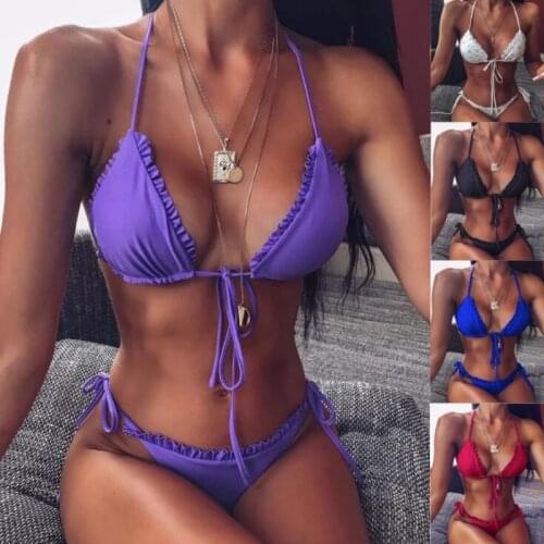 XPUHGM Sexy Ruffles Bikini Set Women Bandage Push Up Padded Thong Biquini Women Bathing Suit Halter Style Beach Swimming Wear