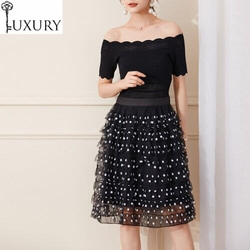 Summer One Piece 2020 Party Ladies Sexy Off Shoulder Polka Dot Print Patchwork Short Sleeve Casual Knitted Dress