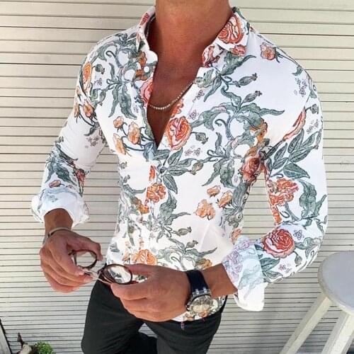 Personality Men Casual Slim Long-sleeve Shirt Flower Print Top Slim Party Shirts
