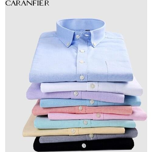 CARANFIER Mens Dress Shirt Oxford Formal Social Business Male Slim Fit Short sleeve Solid Classic Leisure Shirts Chemise Homme