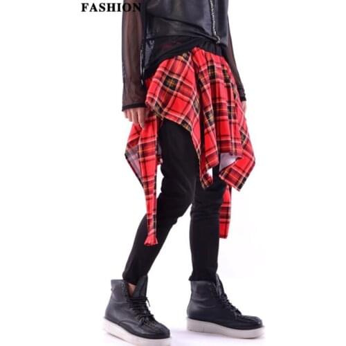 Stage personality men pants fake two pieces harem pant men feet trousers singer dance rock fashion street splice novelty fashion