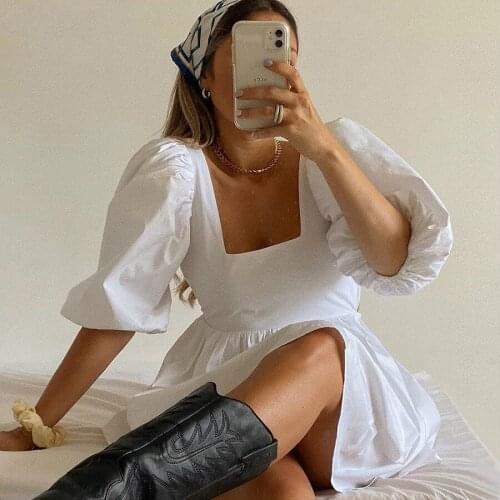 NEDEINS Women Summer Dress Summer Fashion White Elegant Puff Sleeve Backless Party Beach Dress Vacation Casual Mini Dress