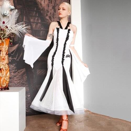 New White Modern Dance Dress National Standard Dance Sexy Women Ballroom Dance Dresses Waltz Performance Costumes