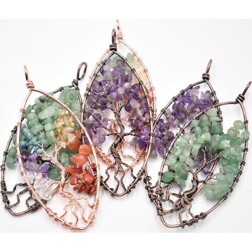 Wholesale 6pcs/lot natural stone amethysts horse eye-shaped life tree ancient copper wire wrapped pendant for jewelry marking
