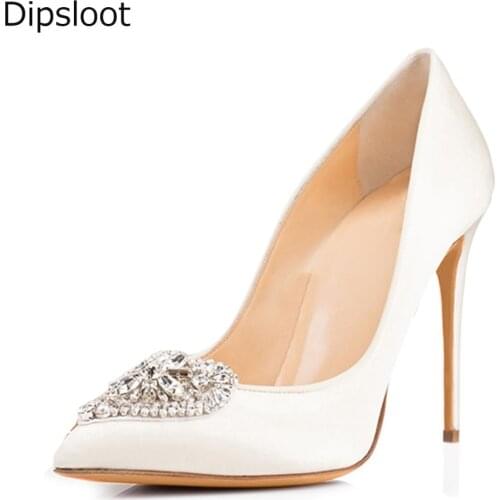 Sexy Women Pure Rhinstone Heart Studs Wedding Pumps Pointed Toe Ladies Stiletto High Heels Crystal Bridal Pumps Shoes EU 46