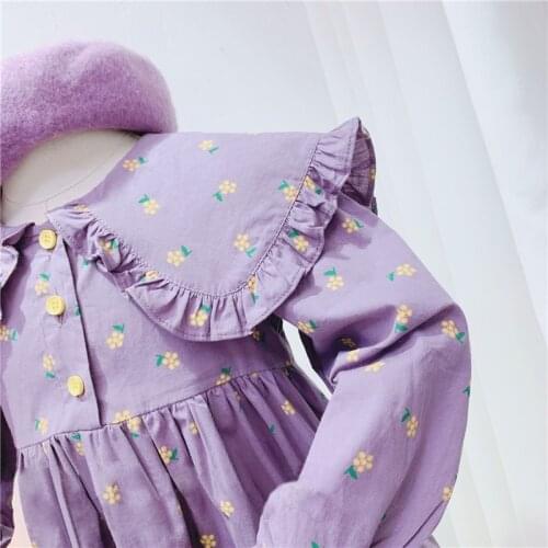 Girls 2020 Spring and Autumn New Small Yellow Flower Stitching Ruffled Lapel Long Sleeve Dress