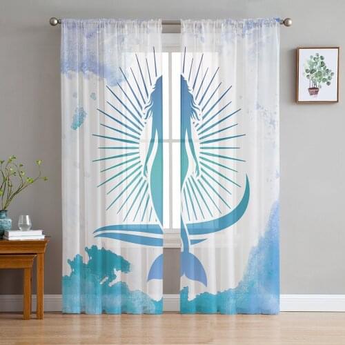 Modern Sheer Curtains Mermaid Ocean Summer Living Room Kitchen Childrens Room Decoration Household Chiffon Window Curtains