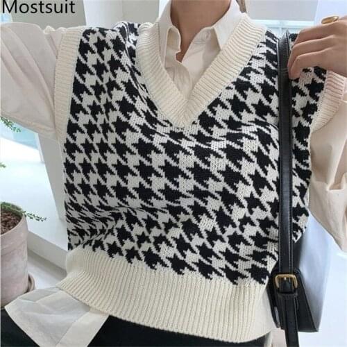 Vintage Houndstooth Knitted Sweater Vest Women Sleeveless V-neck Tops Korean Fashion Ladies Pullover Vest 2021 Autumn