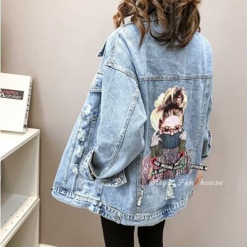 Timis Li BF Autumn Harajuku Printed Frayed Beading Denim Jacket Loose Casual Jeans Jacket Women Coat Outwear Female Jacket