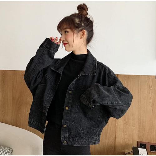 Simple Black Plus Size Womens Denim Jacket Autumn New Lapel Single-breasted Short Loose Bat Sleeve Jeans Jackets Trend 5XL aq971