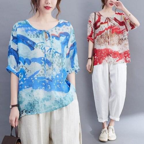 Cotton Women Shirts Elegant O-Neck Casual Blouses Short Sleeve Print Stylish Summer Ladies Loose Blusas Tops MM0864