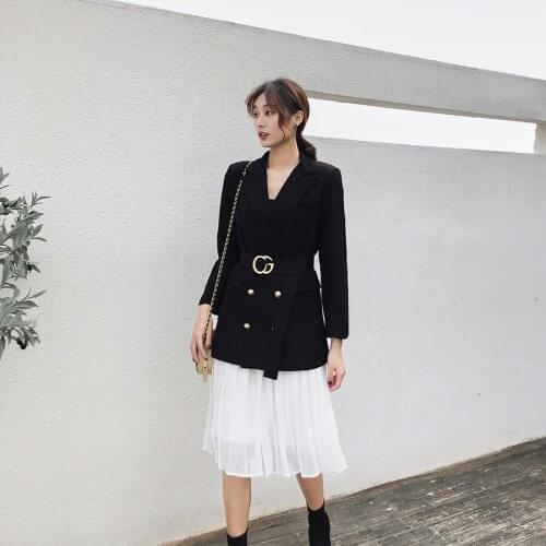 Women Skirt suit jacket Office lady work suit skirt Casual black suit with Pleated skirt Two-piece set blazer skirt set