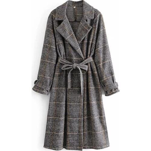 Winter Women New Elegant Retro A Buckle Belt Plaid Overcoat Female Adjustable Elasticity Of Cuffs Lapel Long coat