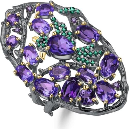 GEMS BALLET 925 Sterling Silver Handmade Forest Bird Ring 4.97Ct Natural Amethyst Finger Rings for Women Party Fine Jewelry