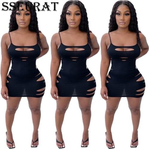 SSEURAT Women Mini Dress Solid Color Hollowed-out Halter Dress Summer Sexy Nightclub Outfit 2021