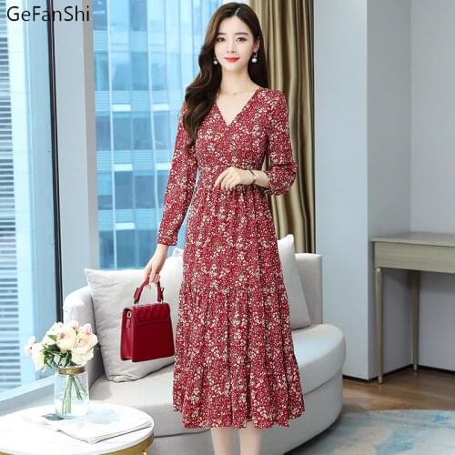 Womens Autumn Vintage Floral V-Neck Loose Chiffon Long Sleeve A-Line Dress Elastic Waist Fashion Casual Elegant Long Dresses