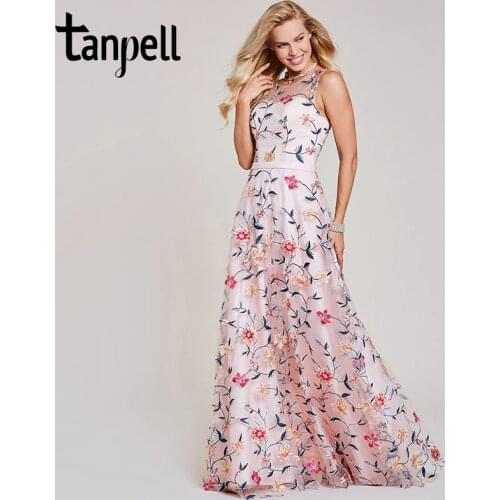 Tanpell embroidery evening dresses pink sleeveless floor length a line dress women formal wedding party prom long evening gown