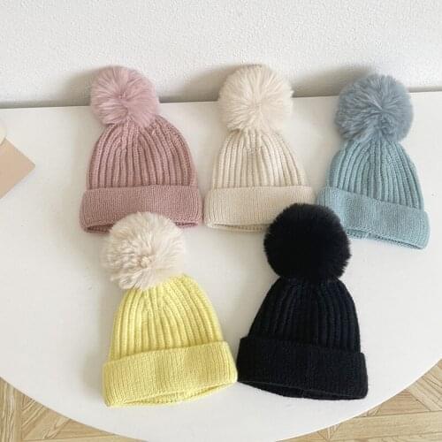 1PC Cute Pompom Baby Cap Autumn Winter Warm Knitted Children Boys Girls Hats Solid Hairball Elastic Kids Caps Photography Props
