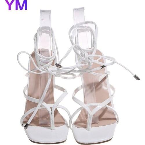 2021 New Summer Fashion Lace Up Design Women Sandals PU Ankle Cross Strap Sandals 10CM High Heels Ladies Sandals Open Toe Shoes
