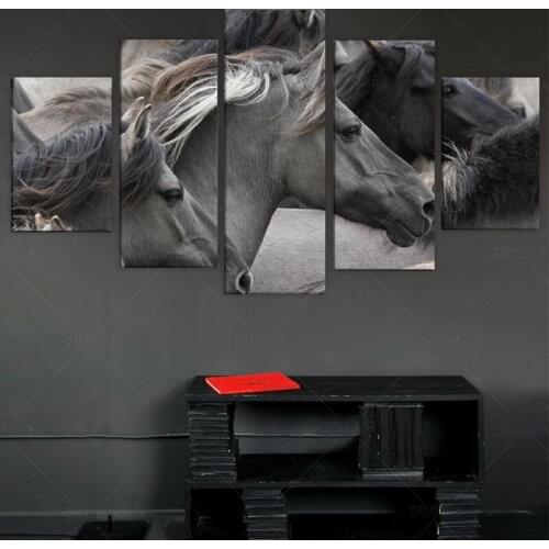 HD Printed 5 Pieces Running Gray Black Horses Group Wall Art Canvas Painting For Living Room Bedroom Modular Home Decor