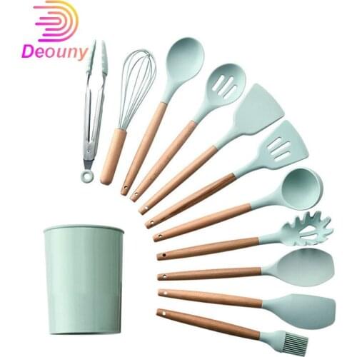 DEOUNY 12 Pcs Wooden Handle Silicone Cooking Utensil Set Non-Stick Household Cookware Spoon Spatula Salad Tong Kitchen Accessory