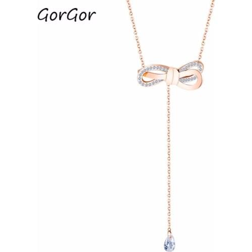 GorGor New Style Bow Tassel Water Drop Titanium Steel Rose Gold Plated Zirconia All-match Womens Pendant Choker Necklace 1534