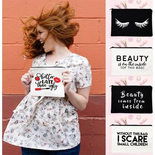 Beauty Comes From Inside Women Funny Cosmetic Bag Makeup Travel Lash Better Later Than Ugly Toiletry Bag Zipper Pouch Organizer