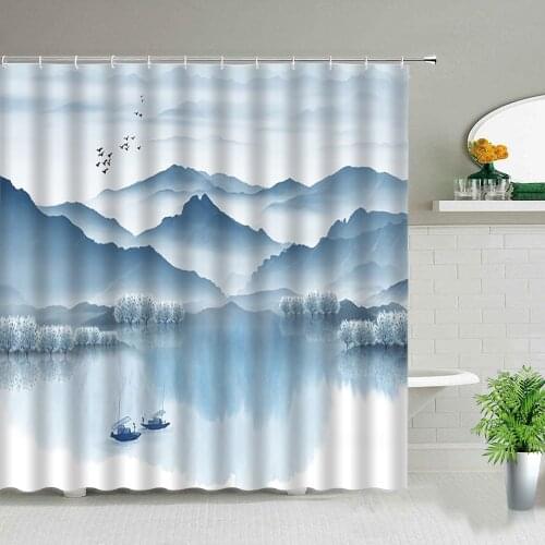 Chinese style landscape painting beautiful art quiet waterproof shower curtain bathroom renovation home decoration