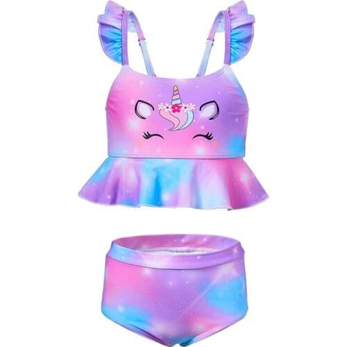 2021 Child swimsuit Girl Cartoon Unicorns Flounces Beach Swimsuit Top Swimwear two-piece set children Cute Bikini