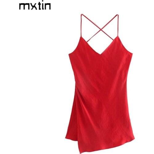 MXTIN 2021 Women Summer Fashion Red Crossed Strap Tank Tops Vintage Sexy V-Neck Sleeveless Backless Casual Camis Chic Tops Mujer