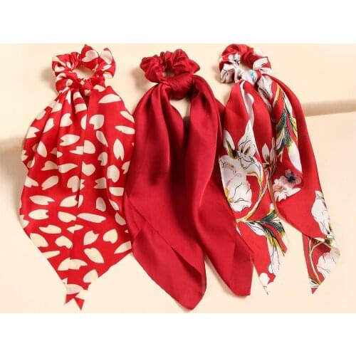 Pack of 3 Satin Hair Scrunchies For Women Girls Bow Knot Scarf Hair Ties Long Ribbon Ponytail Holder Casual Hair Accessories