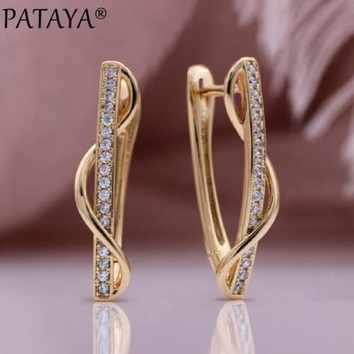 PATAYA New Unique V Shape Unusual Earrings 585 Rose Gold Hollow Long Dangle Earrings Women Creative Party Fine Fashion Jewelry