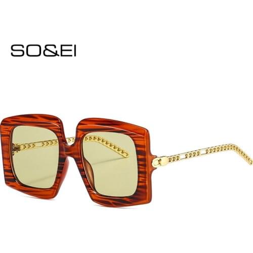 SO&EI Retro Metal Chain Sunglasses Women Brand Designer Square Gradient Eyewear Fashion Men Trending Stripe Sun Glasses Shades
