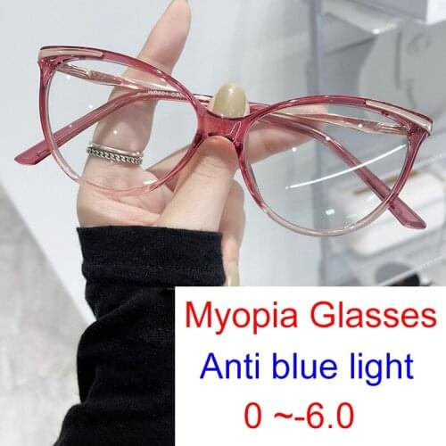 Finished Myopia Glasses Women Blue Light Blocking Computer Eyeglasses Shortsighted Eyewear TR90 Red Cat Eye Glasses 0 to -6.0