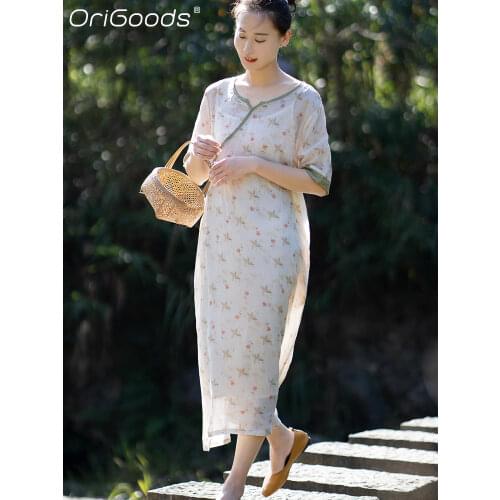 OriGoods Summer 2021 Print Dress Women Ramie Floral Thin Transparent Dress Chinese Style Vintage Qipao Dress Elegant Casual E049