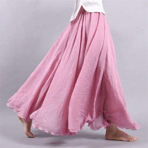 Retro Summer Mid-length Cotton and Linen Skirt Women Casual High-waist A-line Skirt Big Swing Pleated Skirt Long Loose Saia f271