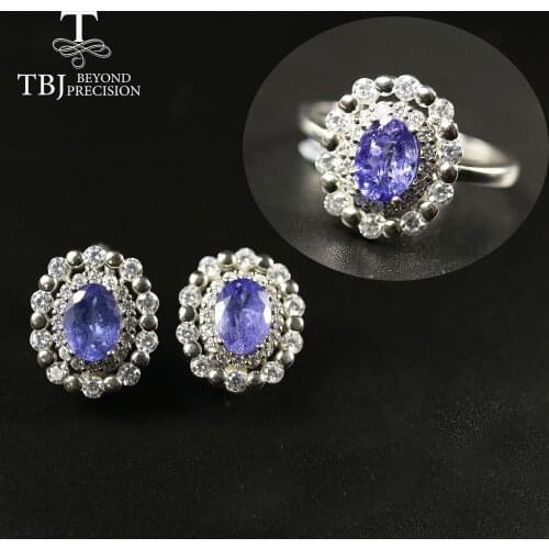 Natural Blue tanzanite jewelry set oval 6*8mm clasp earring classic ring 4.5ct real gemstone fine jewelry 925 sterling silver