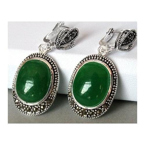VINTAGE 925 SILVER GREEN JADE MARCASITE DANGLE HOOK EARRING