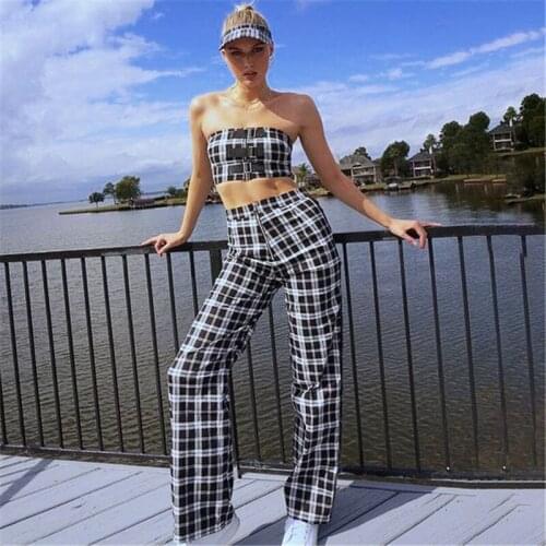 High Quality Fashion Strapless Plaid 2 Pieces Sets Womens Bandage Sets Prom Party Clothing