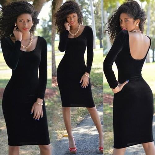 Wantmove 2021 Womens Sexy Solid Color Round Neck Bodycon Long Sleeve Backless Party Club Midi Dress AM984