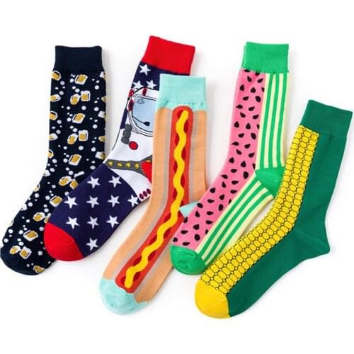 Funny Happy Pattern Socks for Women Casual Cotton Crew Socks Fruit Food Animals Patterned Avocado Watermelon Pizza Bear 1 Pack