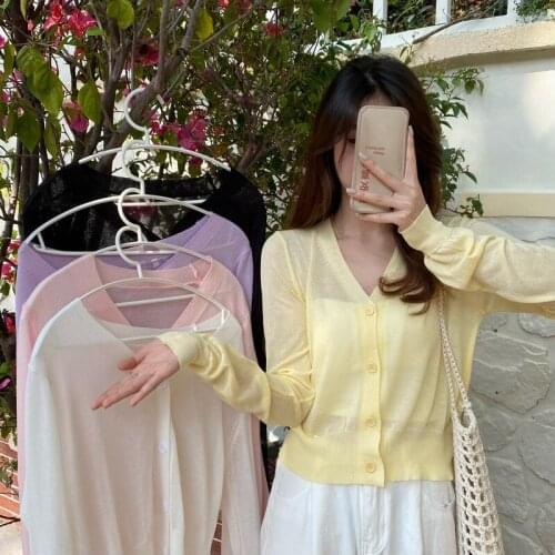 Sunscreen Sweater Cardigan V-neck Long-sleeved Sweater Womens Summer New Style Korean Loose and Thin All-match Shirt
