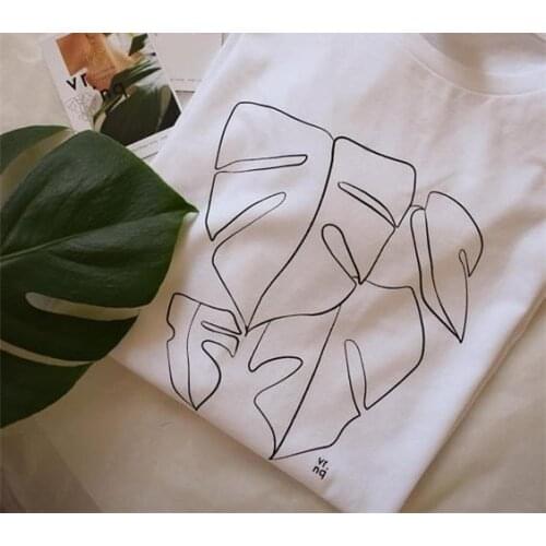 HAHAYULE-JBH Monstera T-shirt Line Art Unisex Handmade Silk Screen Print
