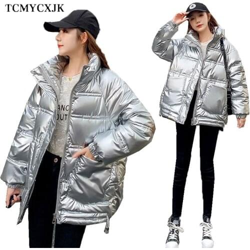 Cotton Hooded Woman Jackets Short Oversized Down Jacket 2021 Winter New Bbright Surface Loose Warm Stand-up Collar Padded Coats