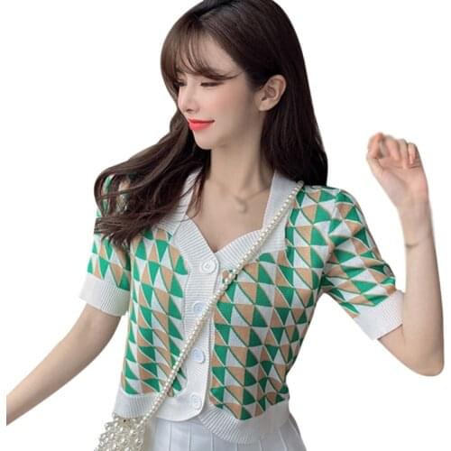 Women Fashion Plaid Square Collar Button Short Section Tee Shirt Knitted Short Sleeved Cardigan Tops