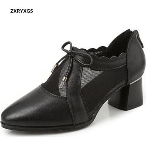 2021 New Spring Summer Pointed Toe Top Cowhide Mesh Women High Heel Shoes Sandals Breathable Deep Mouth Women Sandals Large Size