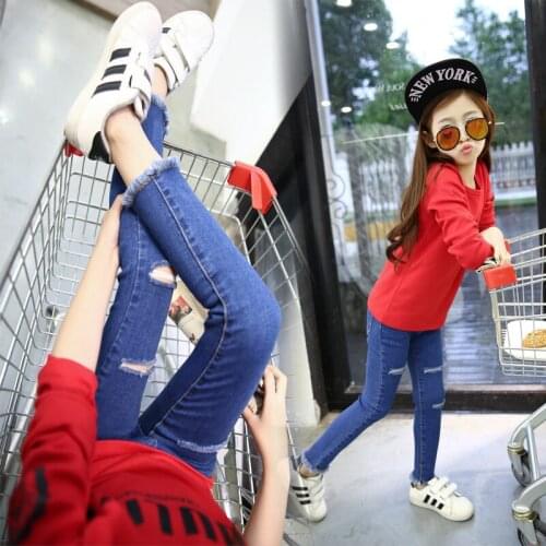 Brand 3-14T Girl Jeans Spring Summer 2018 Hole jeans for girls kids ripped jeans fashion girls clothing jeans for teenagers