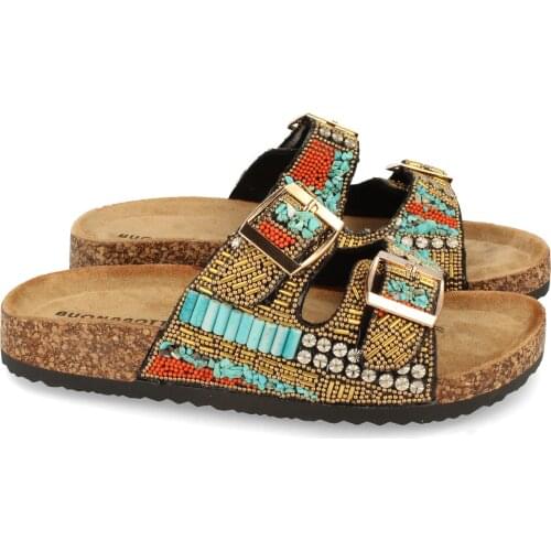 Women sandal flat ethnic double strip shovel outsole summer 2021 bright gemstone comfortable plant BIO buckles Multi