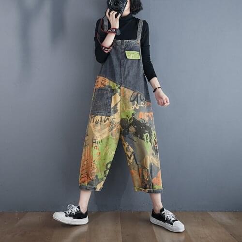 Women Graffiti Print Denim Jumpsuits Overalls Loose Patchwork Pocket Jeans Pants Female Casual Rompers Plus Size macacao 2021